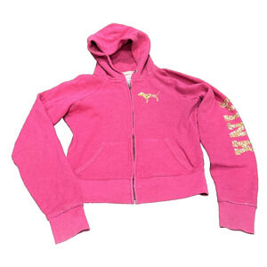 Victoria’s Secret PINK Zip Hoodie Glitter Peace Sign Dog Logo Hot Pink Bling S